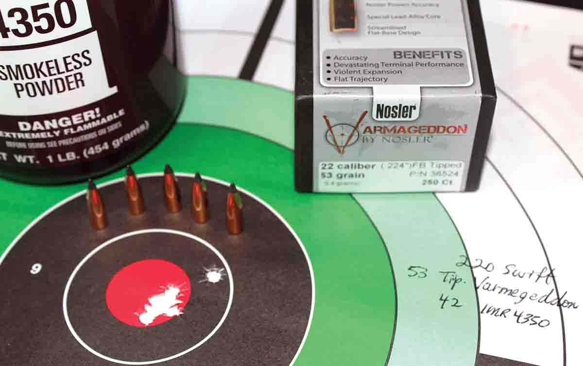 A compressed load of IMR-4350 under a Nosler 53-grain Tipped Varmegeddon proved both accurate and consistent.